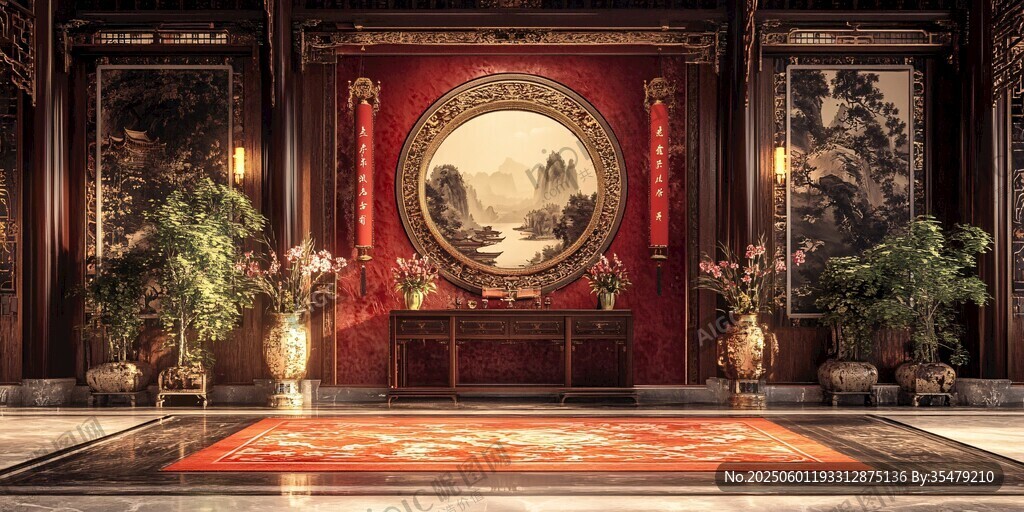 中式古典奢華廳堂內景