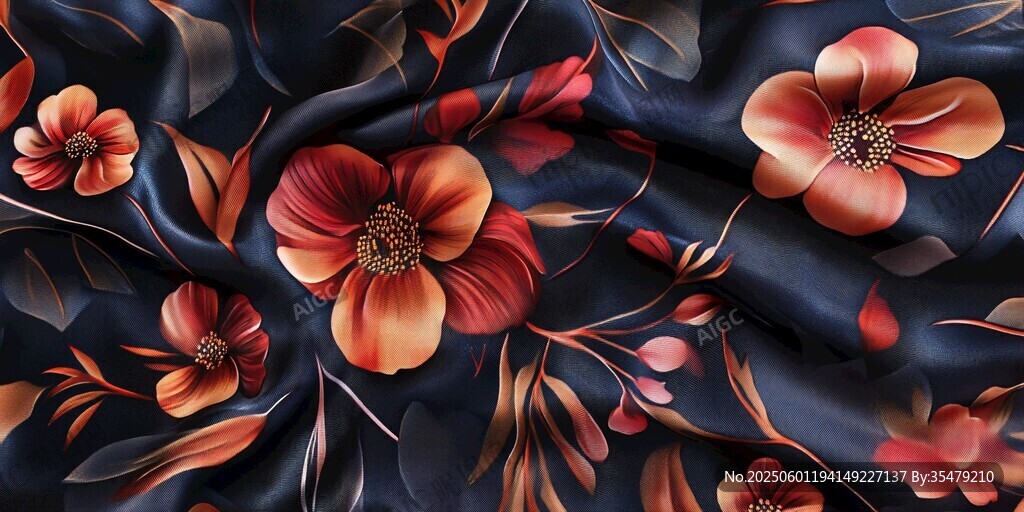 深藍(lán)底紅花絲綢布料紋理