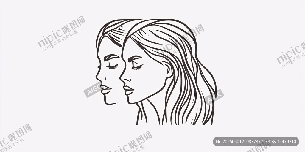 雙生女孩側(cè)顏線條插畫