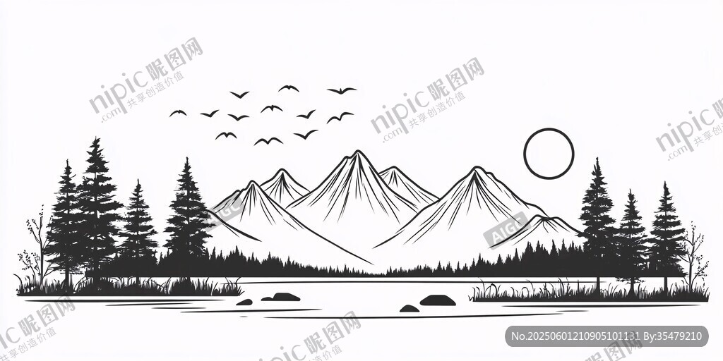 山間湖畔晨曦圖