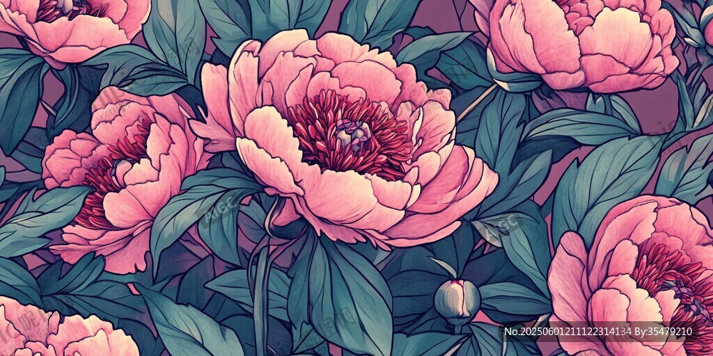 浪漫粉色牡丹花插畫