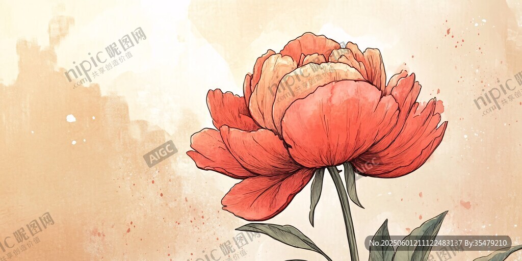 鮮艷紅牡丹插畫