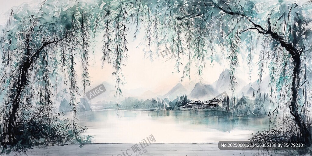 水墨垂柳湖景山水畫(huà)卷