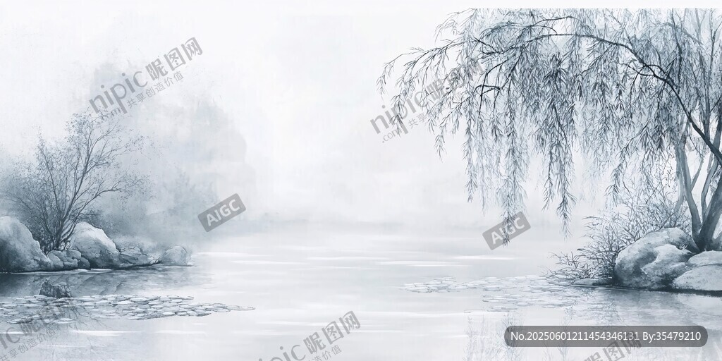 水墨湖畔柳景圖