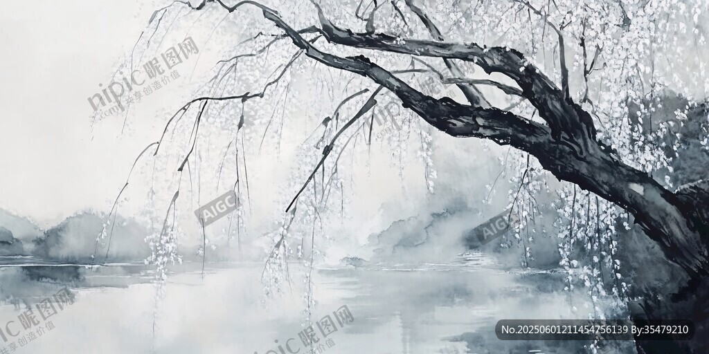 水墨垂柳映湖景