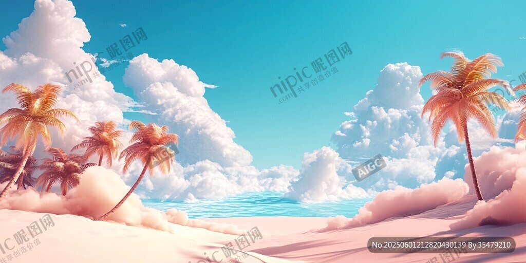 夢幻沙灘椰林蔚藍天空