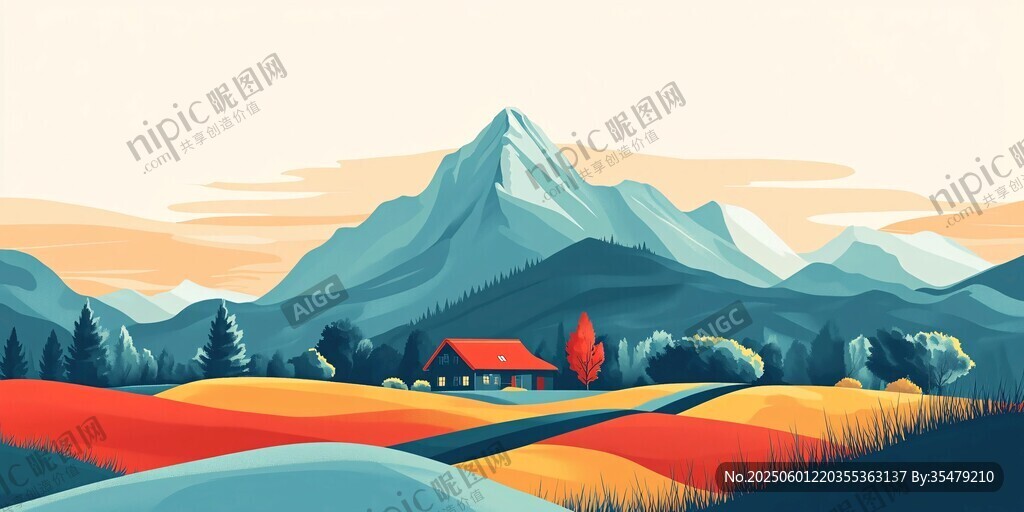 秋日山間小屋田園美景