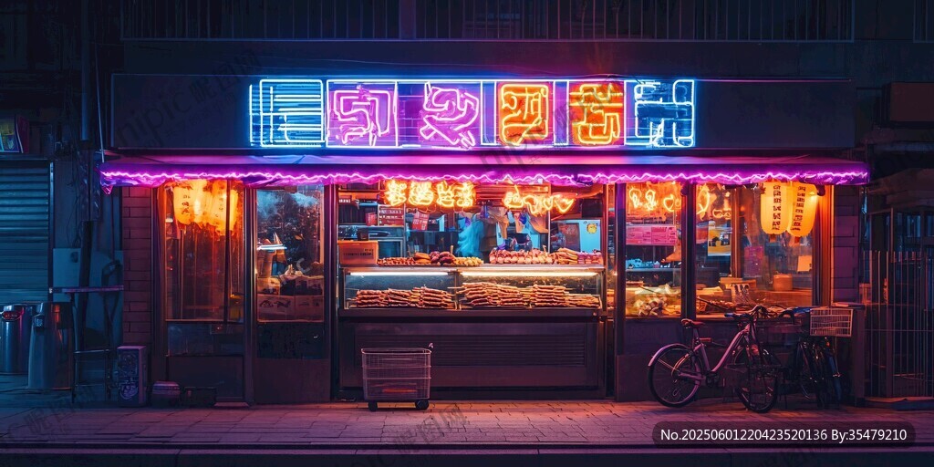 夜晚街邊的發光鹵味店鋪