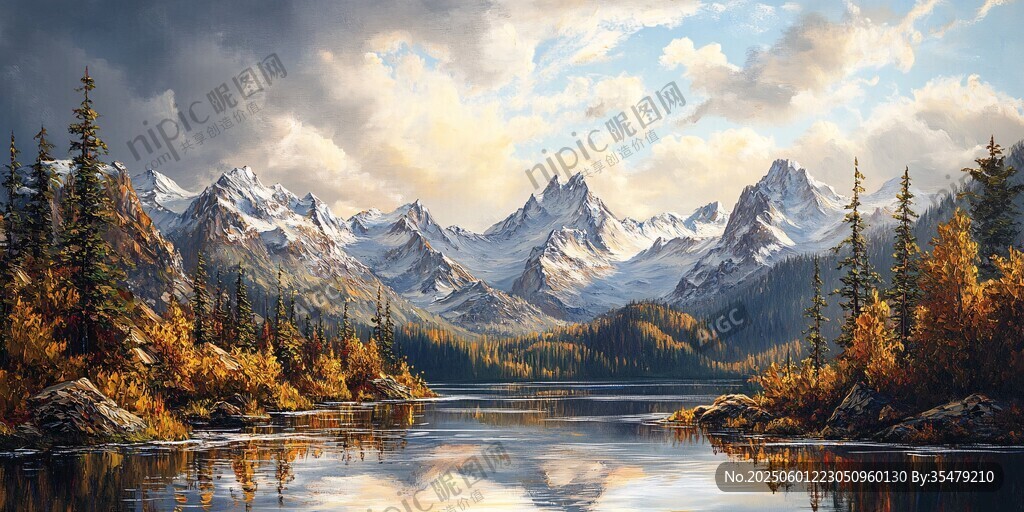 秋日山水間的靜謐湖景