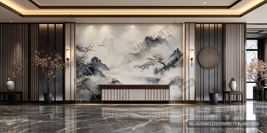 中式大堂山水壁畫裝飾設計