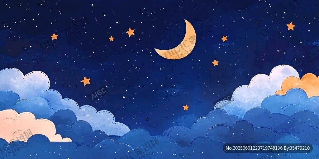 夢(mèng)幻夜空下的星月與云朵