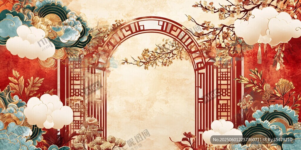 中式古典拱門花卉背景圖
