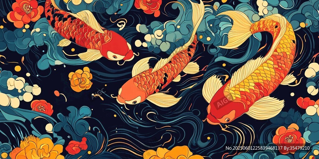 錦鯉戲浪圖