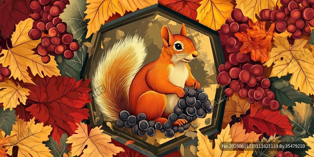秋日松鼠與紅葉葡萄圖