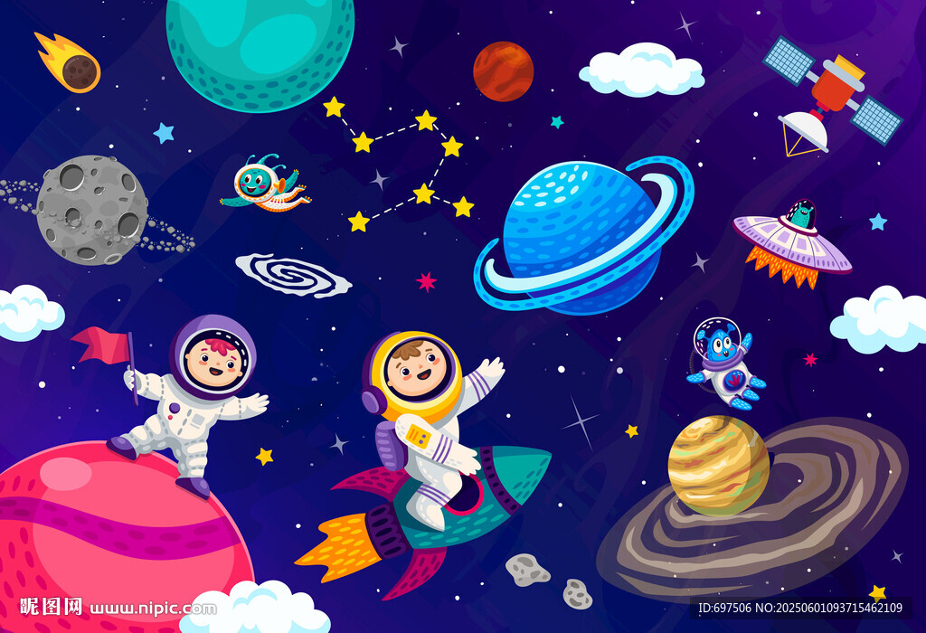太空宇航員星球卡通宇宙銀河背景