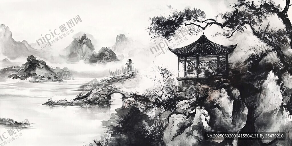 水墨山水間的雅致亭閣