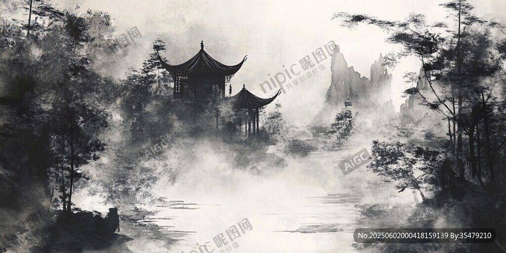 水墨山水間的古典亭閣