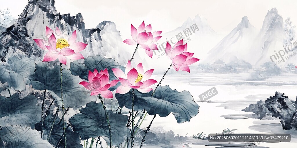 水墨荷花山水寫意畫