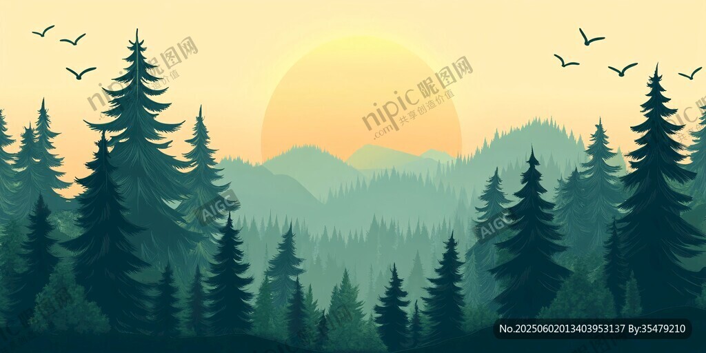 夕陽(yáng)下的山林飛鳥(niǎo)美景