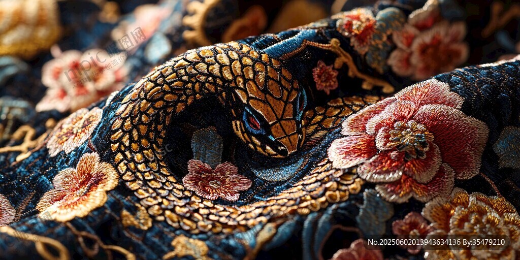 刺繡上的盤繞金蛇與繁花