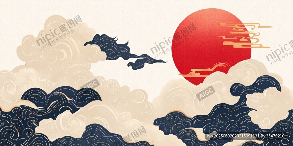 紅日云海中式意境畫面