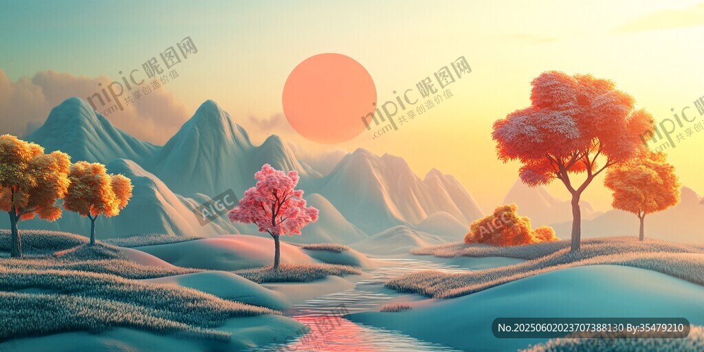 夢(mèng)幻夕陽(yáng)下的山川樹木景觀