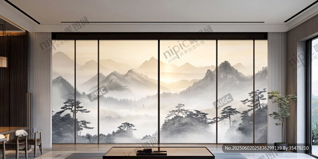 中式山水意境客廳玻璃隔斷