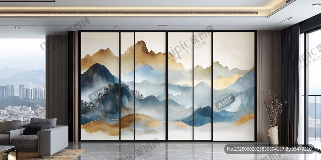 新中式山水屏風(fēng)客廳裝飾畫
