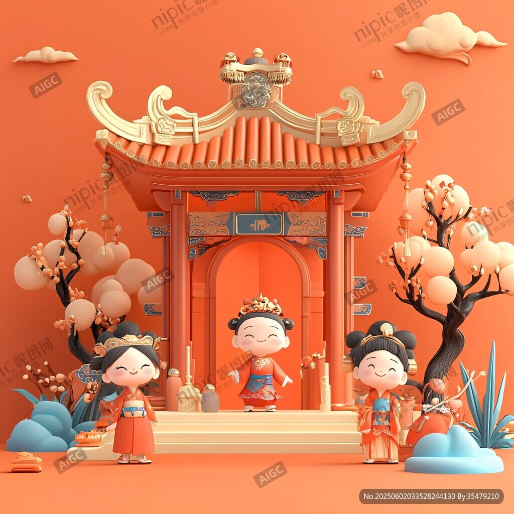 古風卡通場景中的可愛仕女