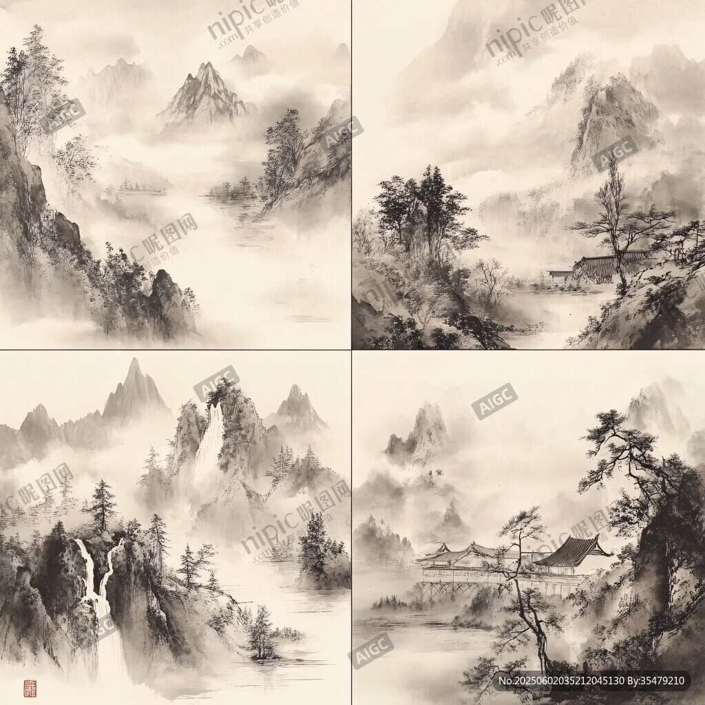 水墨山水四景圖
