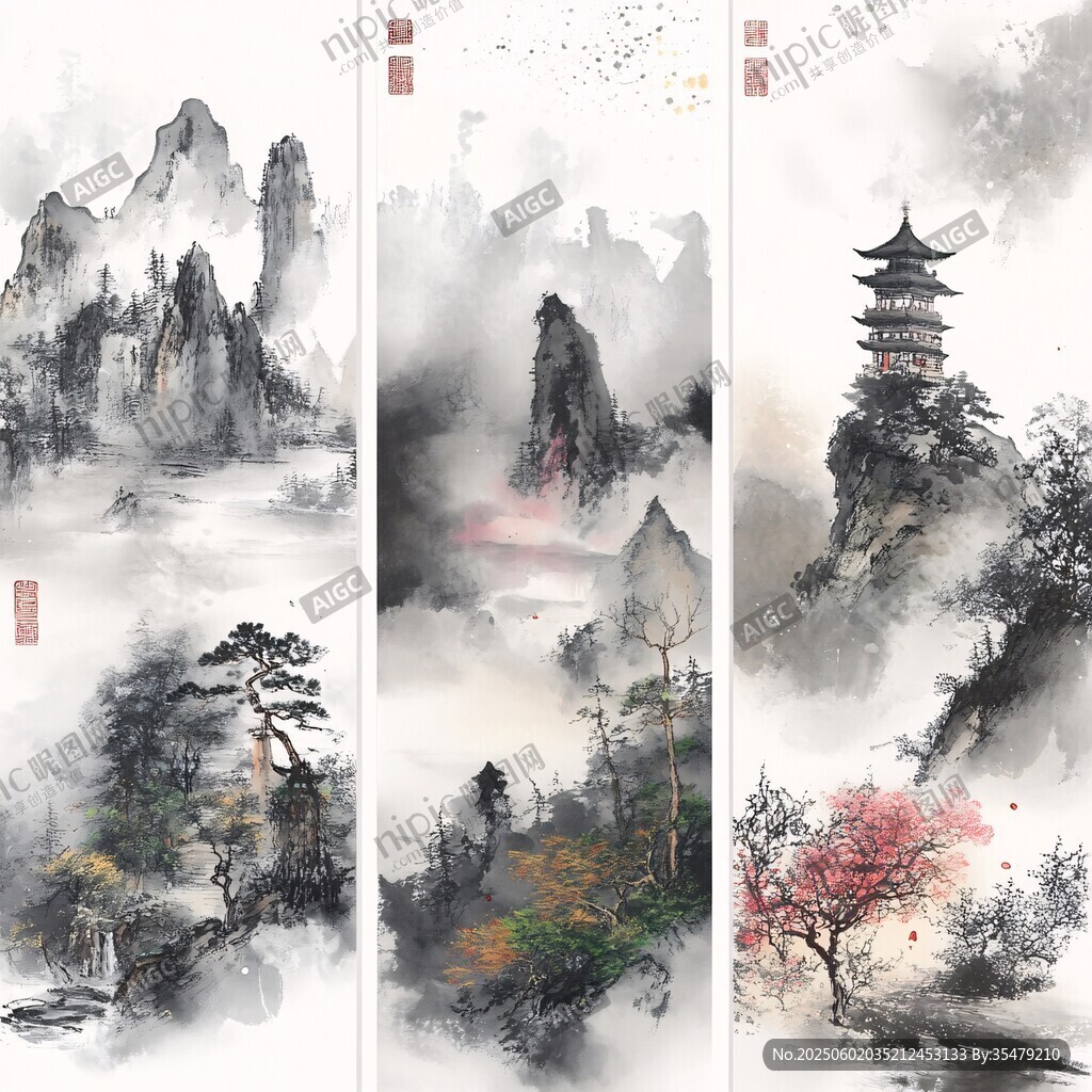 水墨山水三聯畫意境悠遠