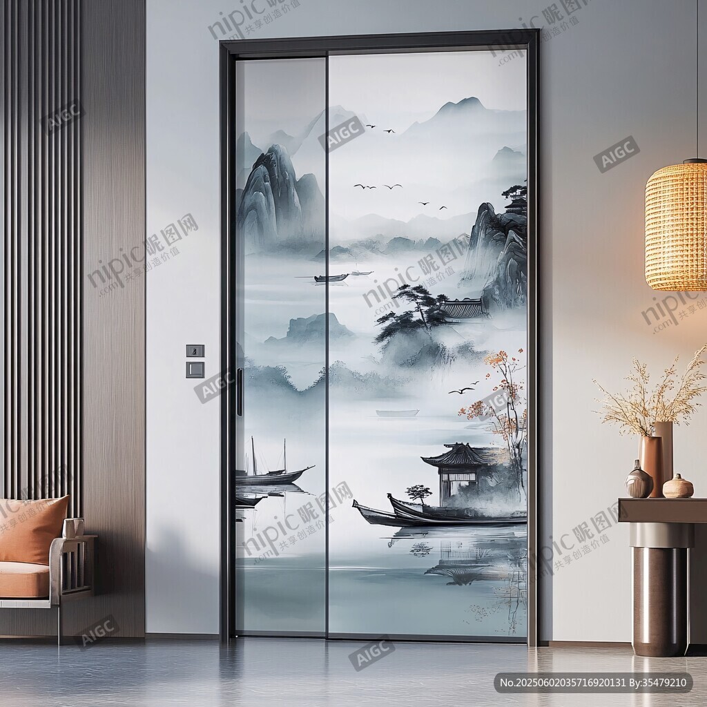 中式山水風(fēng)藝術(shù)玻璃移門