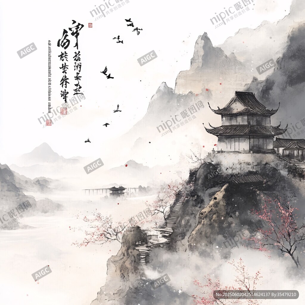 水墨山水間的古風樓閣