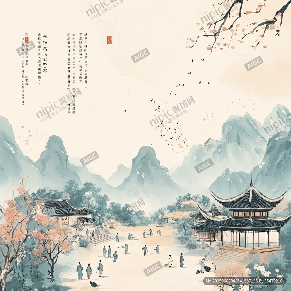 古風(fēng)山水庭院詩意場景
