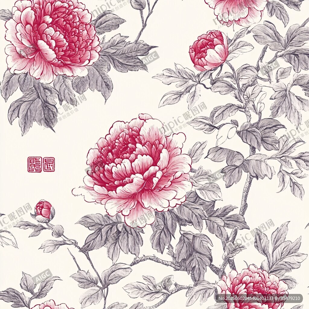 中式手繪牡丹花卉圖案