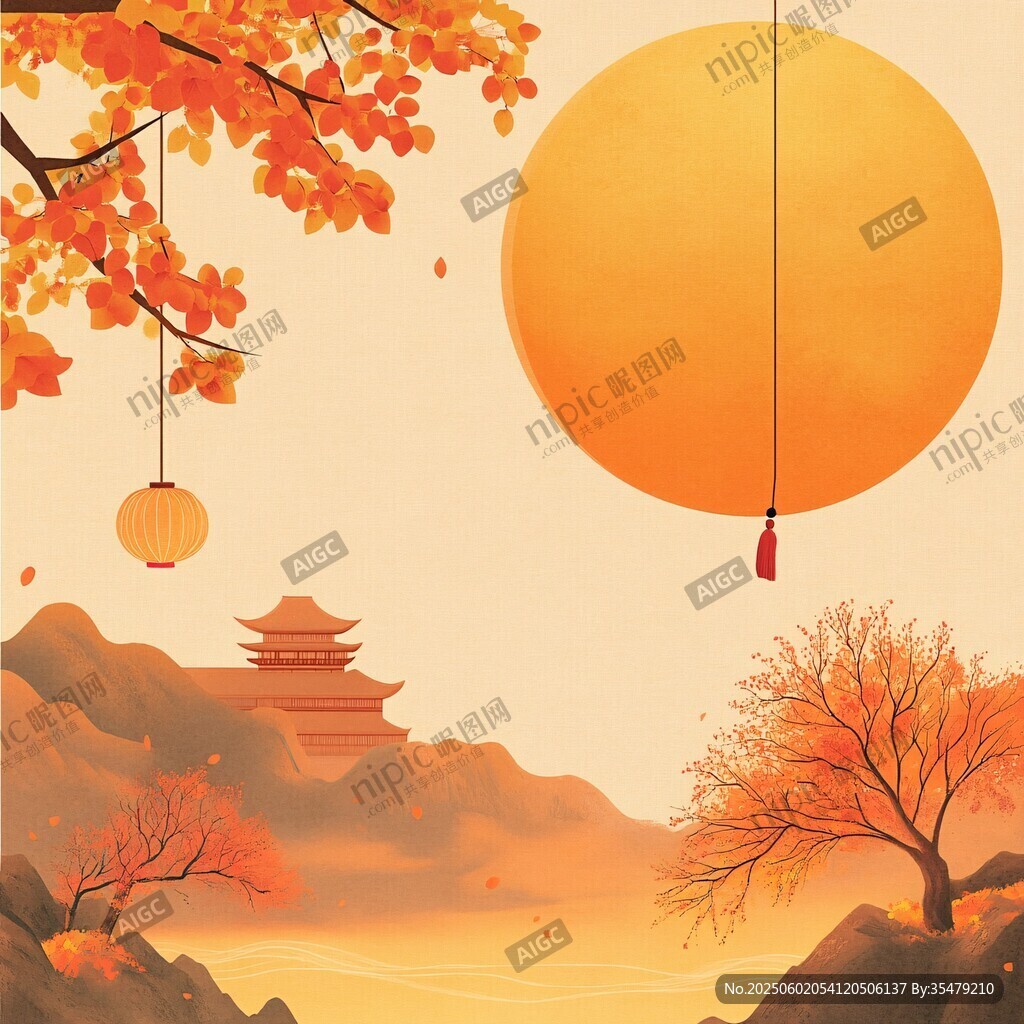 秋日圓月古景詩意畫面