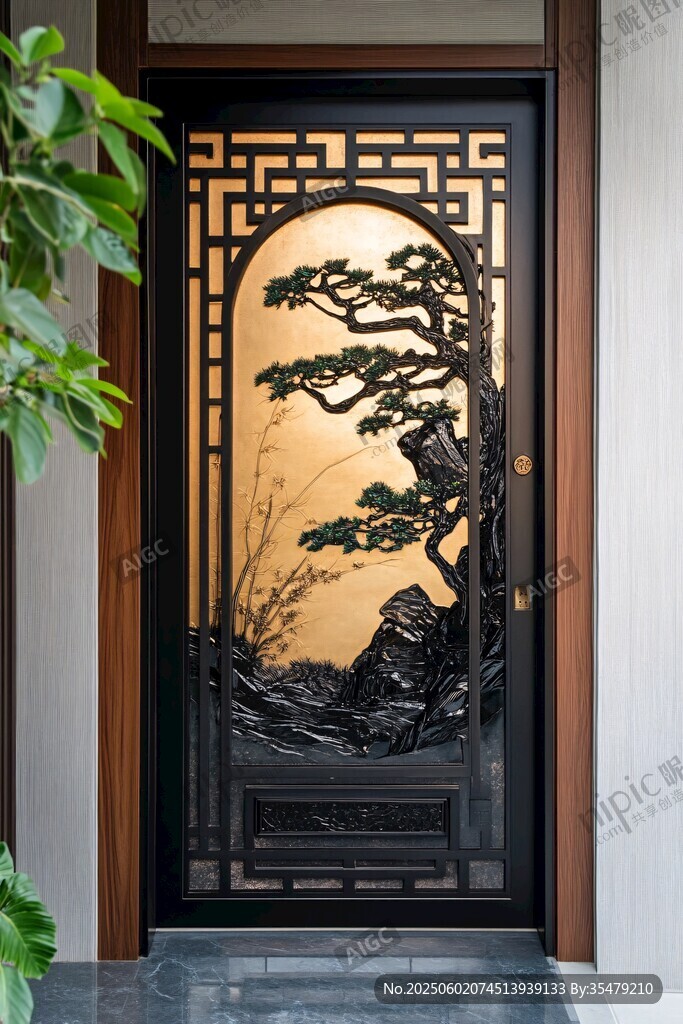 中式雕花門飾 迎客松景致