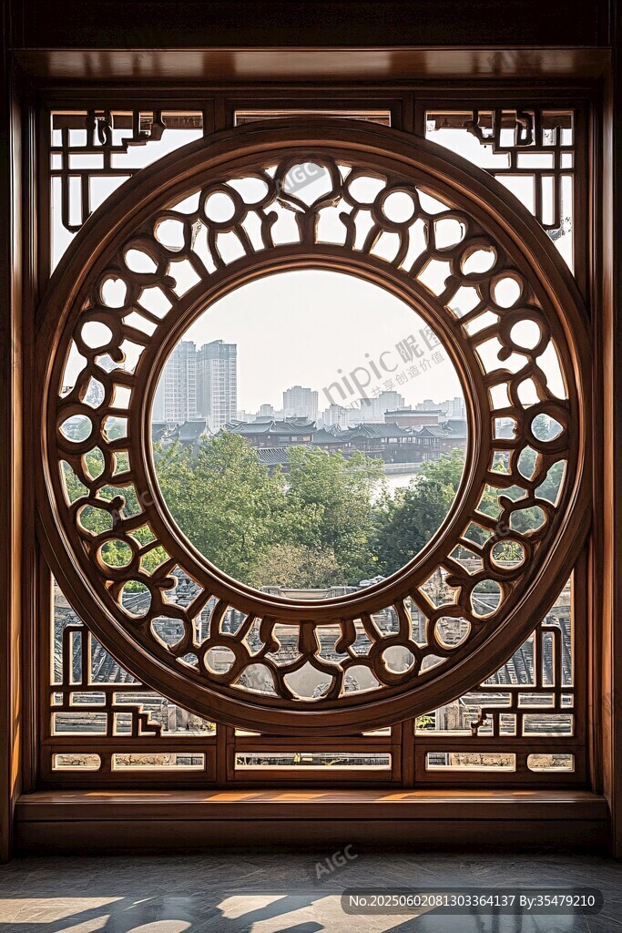 中式圓窗遠眺城市風光
