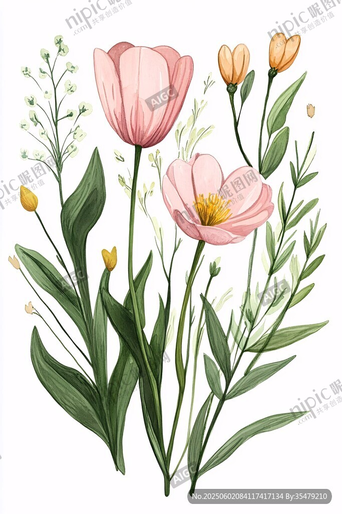 手繪粉色花卉植物插畫