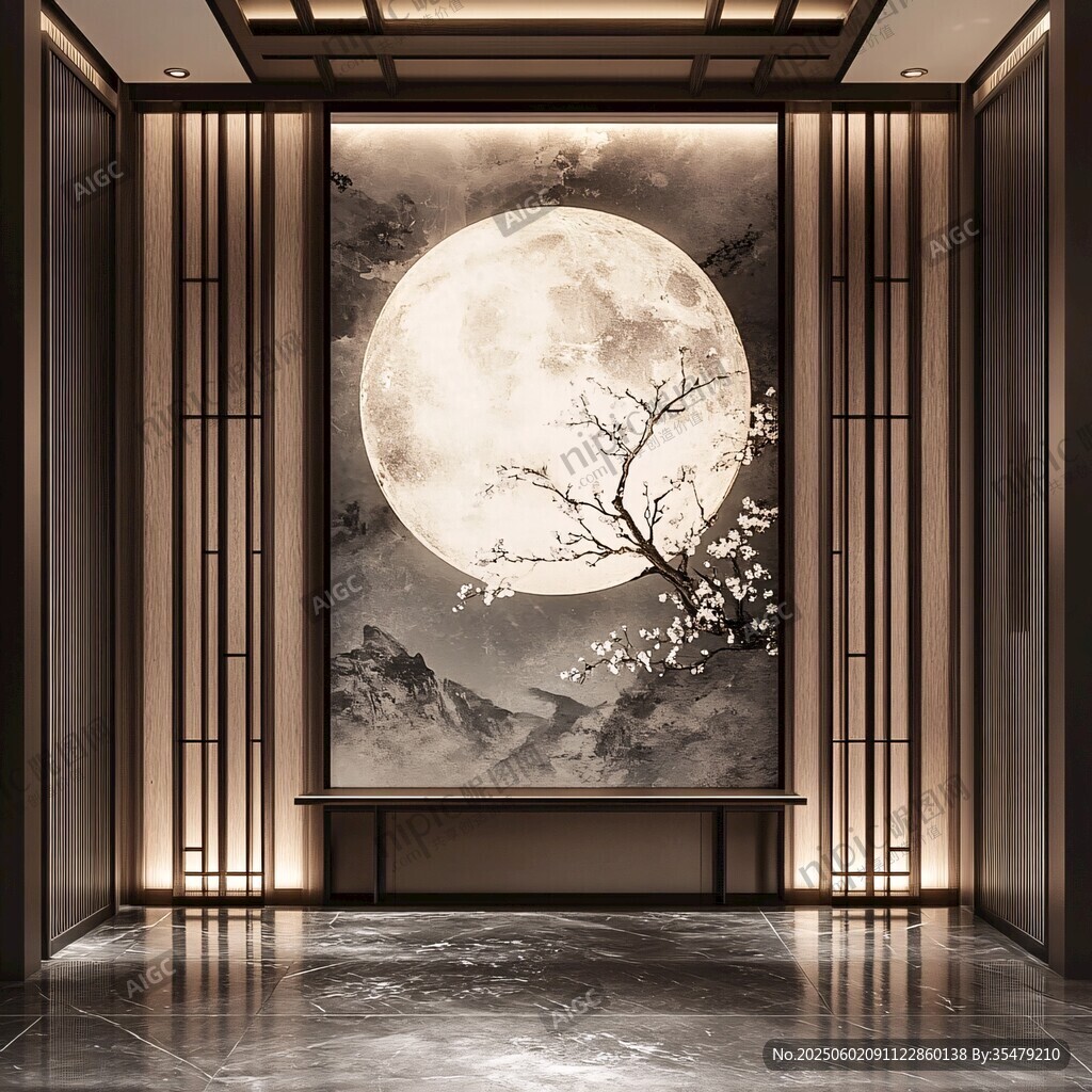 中式玄關處的月夜山水掛畫
