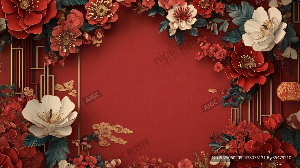 中式繁花紅底喜慶邊框