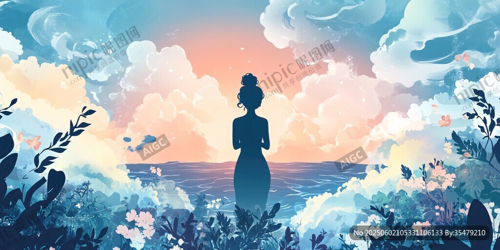 女子靜立云海間的夢幻景象