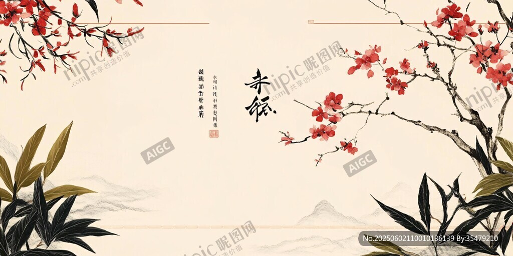 中式繁花山水意境背景圖