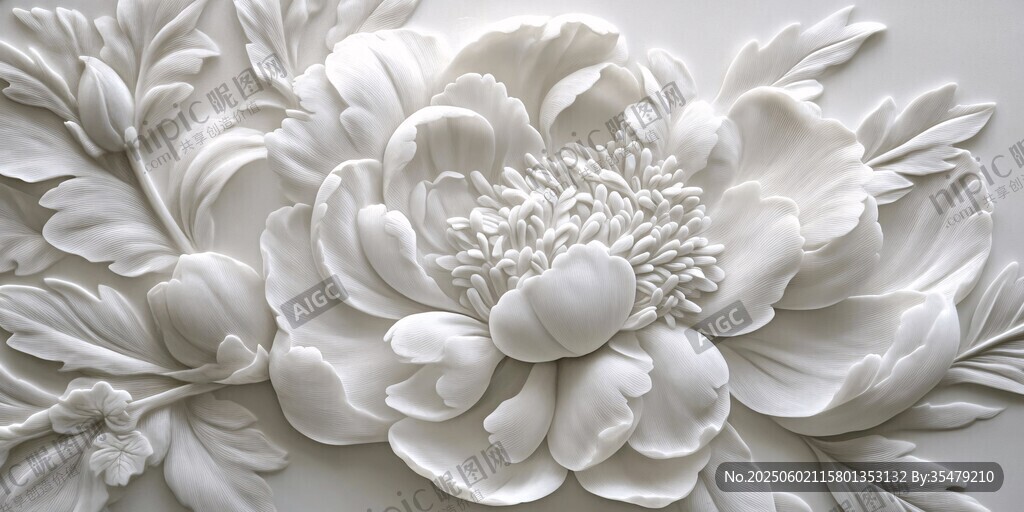 白色浮雕牡丹花卉圖案