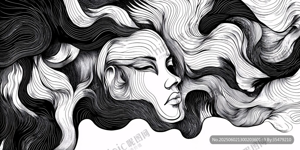黑白線條飄逸人臉藝術圖