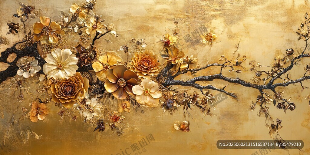 金色花卉枝頭綻放圖景