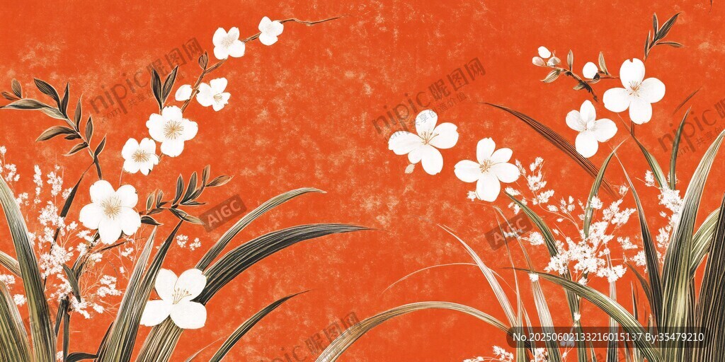橘底白花中式花卉圖案