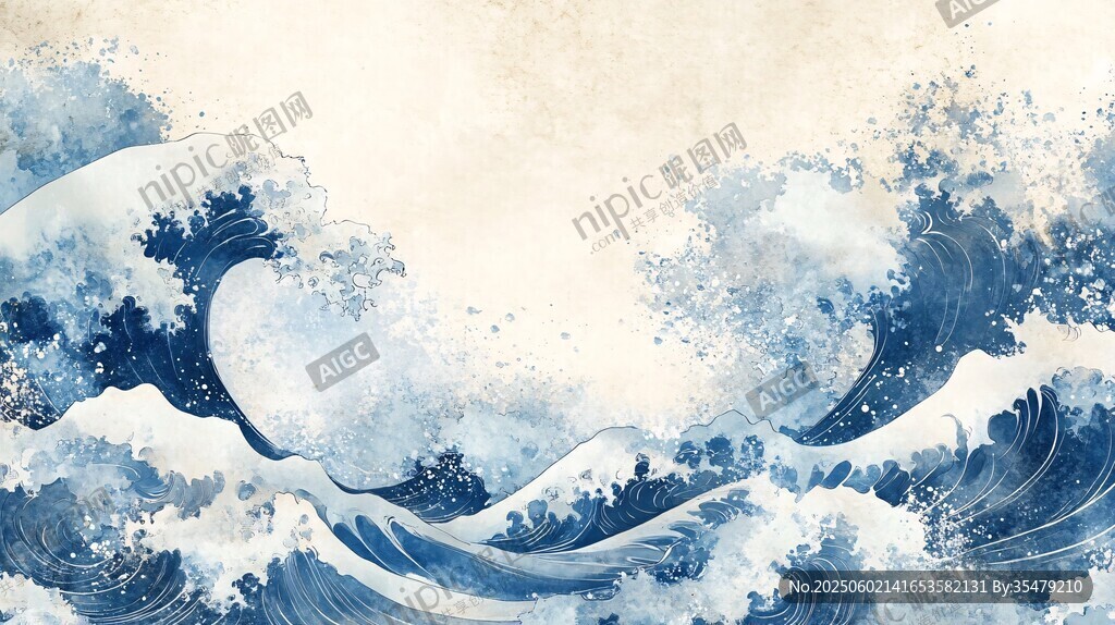 水墨風格洶涌海浪圖景
