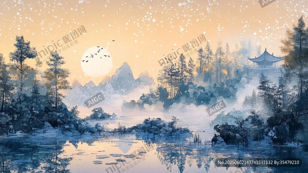 山林湖畔 日暮詩(shī)意美景