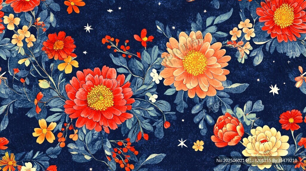 深藍(lán)底繁花綻放花卉圖案